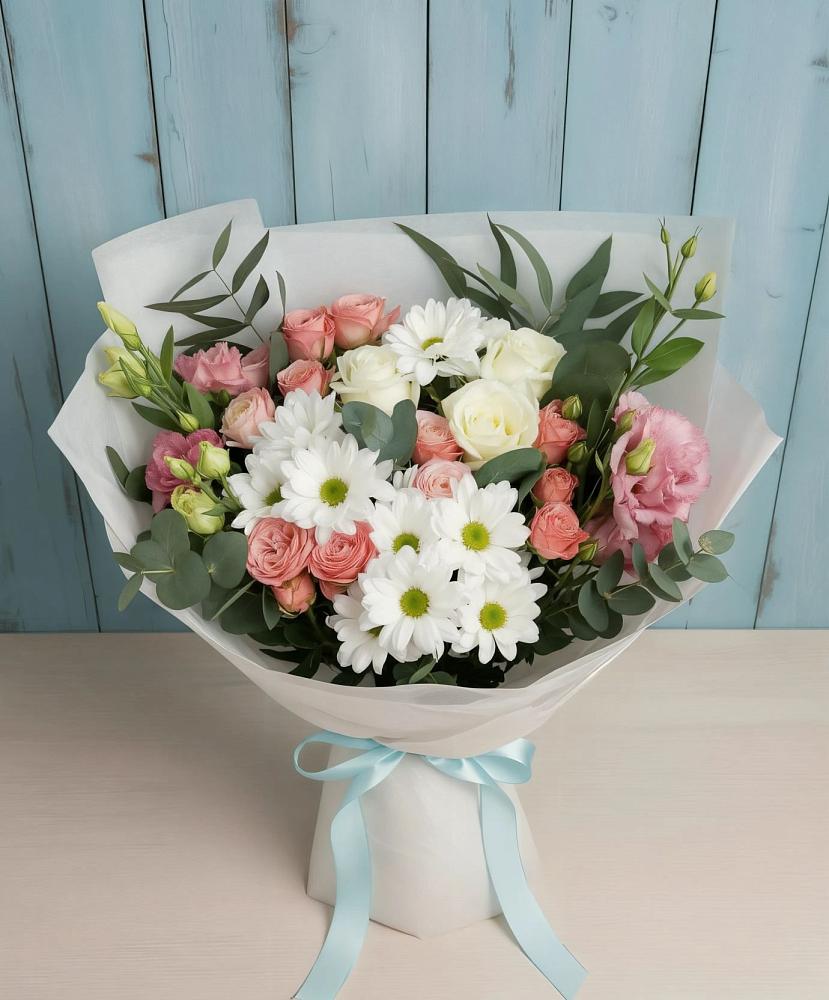 Букет цветов из: Розы, Лизиантусы и Хризантемы в Блечепсин