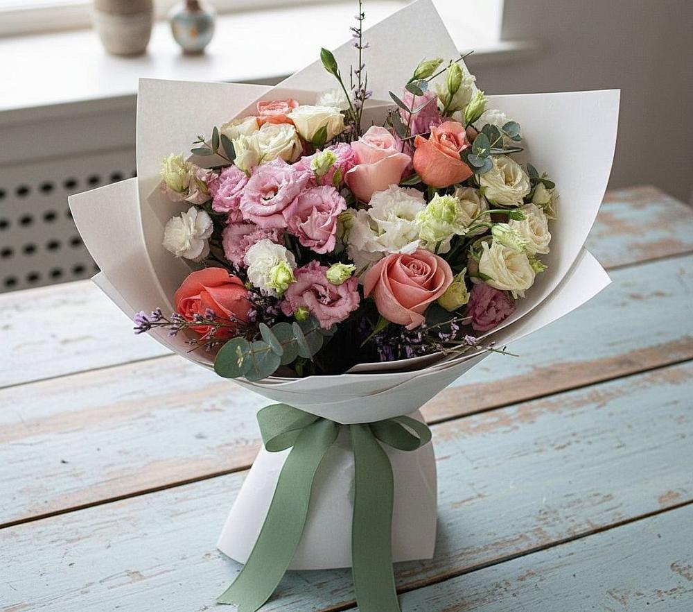 Букет цветов из: Розы, Лизиантусы и Гвоздики в Блечепсин