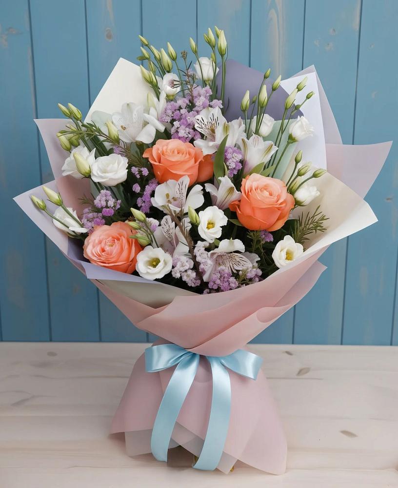 Букет цветов из: Лизиантусы, Розы, Альстромерии и Гипсофила в Блечепсин