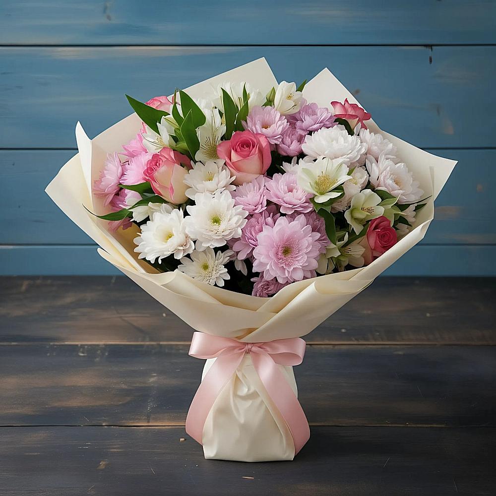 Букет цветов из: Хризантемы, Альстромерии и Розы в Блечепсин